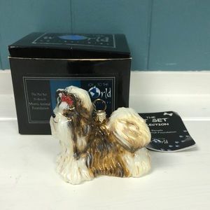JOY TO THE WORLD SHIH TZU Brown White Glass Christmas Ornament Poland NIB $38